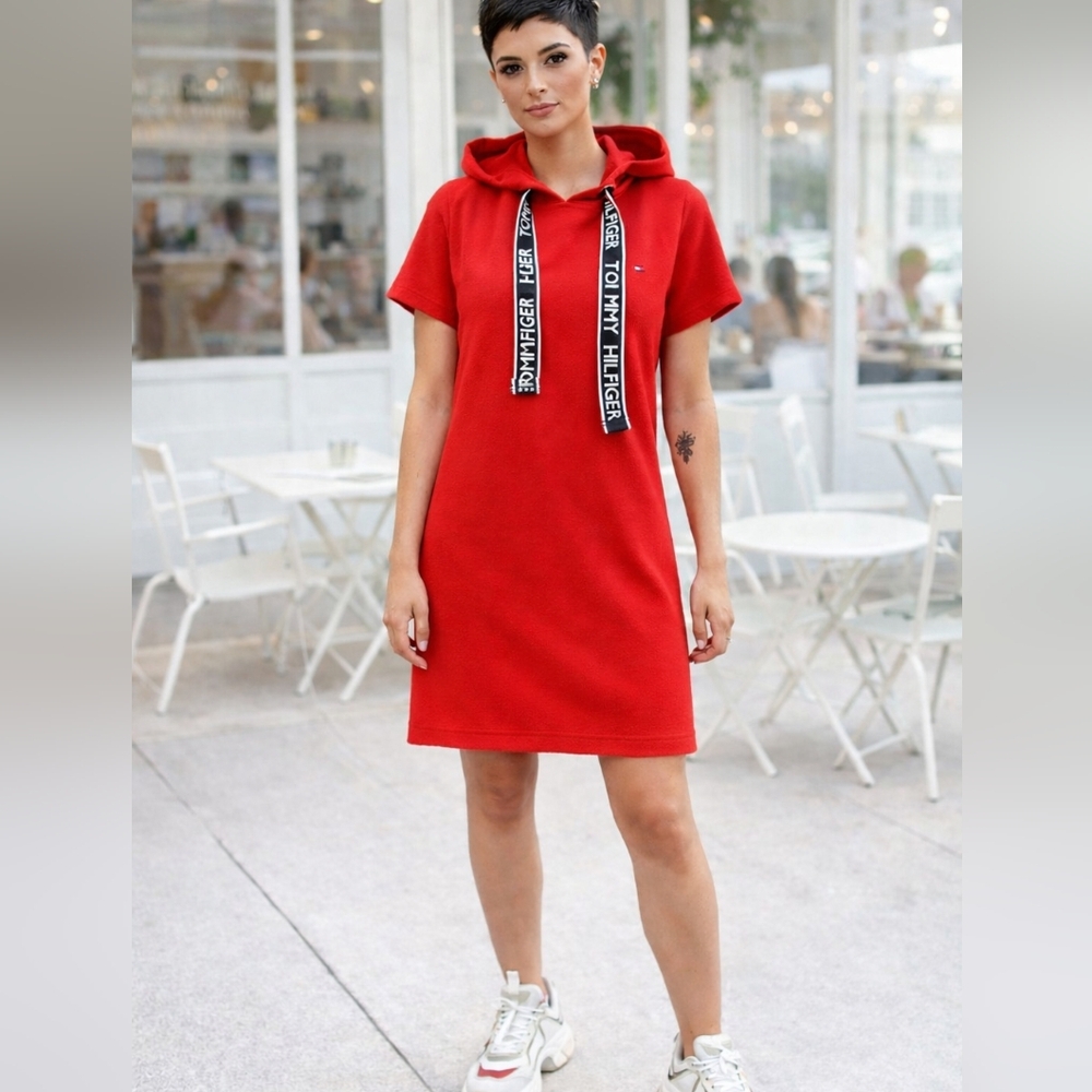 NWOT Tommy Hilfiger❤TRUE❤RED Hooded Short Sleeve Dress/Branded Drawstrings Sz M